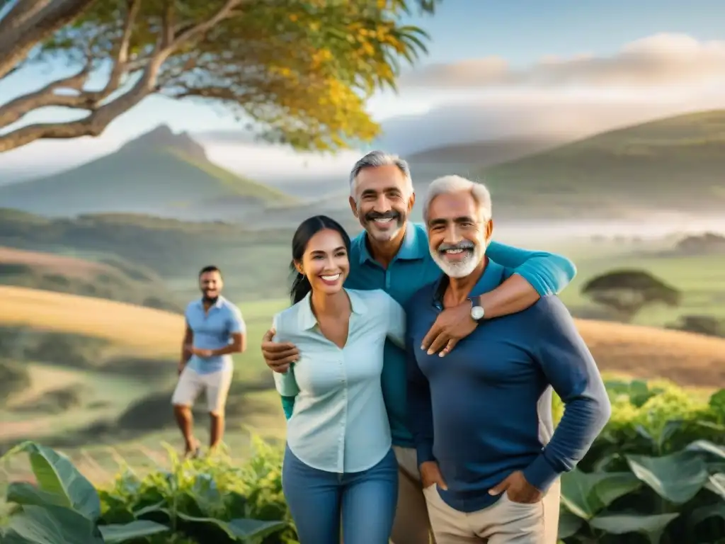 Un abrazo cálido entre miembros de una familia diversa en el campo uruguayo, destacando la importancia de la familia extendida en las relaciones