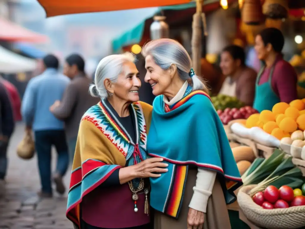 Abrazo intergeneracional y cultural en mercado de Montevideo, reflejando la integración de migrantes en Uruguay