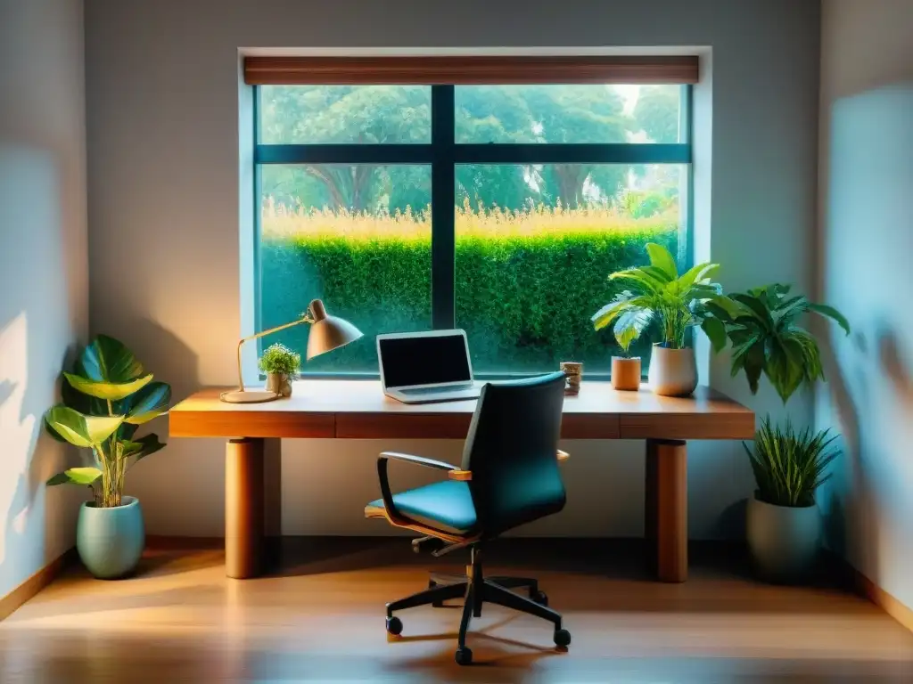 Acogedor espacio de teletrabajo en Uruguay con escritorio moderno, silla ergonómica y plantas, iluminado por luz natural