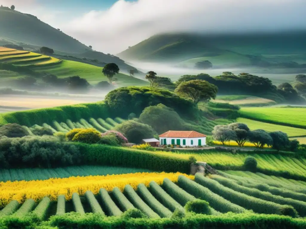 Acogedor retiro rural en Uruguay, paisaje pintoresco con colinas, vegetación exuberante y granja encantadora rodeada de jardines florecientes