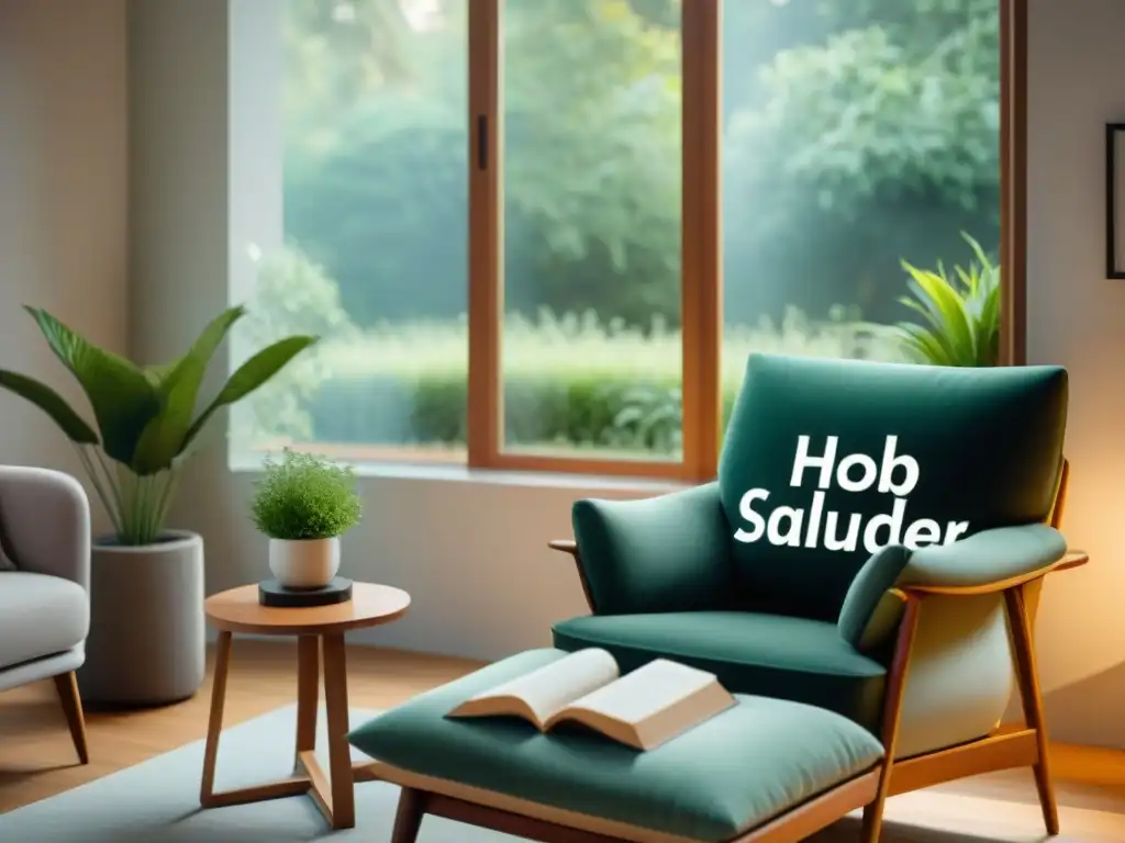 Espacio sereno para establecer límites saludables Acogedor salón con libros sobre establecer límites saludables Uruguay, taza de té y diario, bañado en luz natural