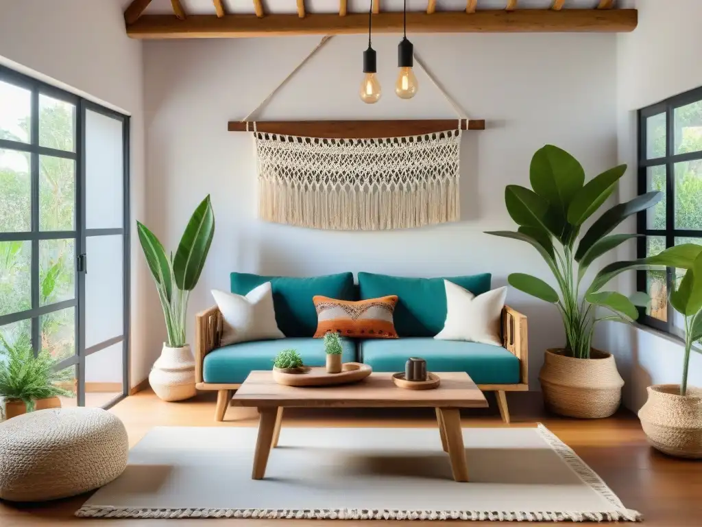 Un acogedor salón uruguayo con muebles hechos a mano y elementos de decoración DIY, bañado en luz natural