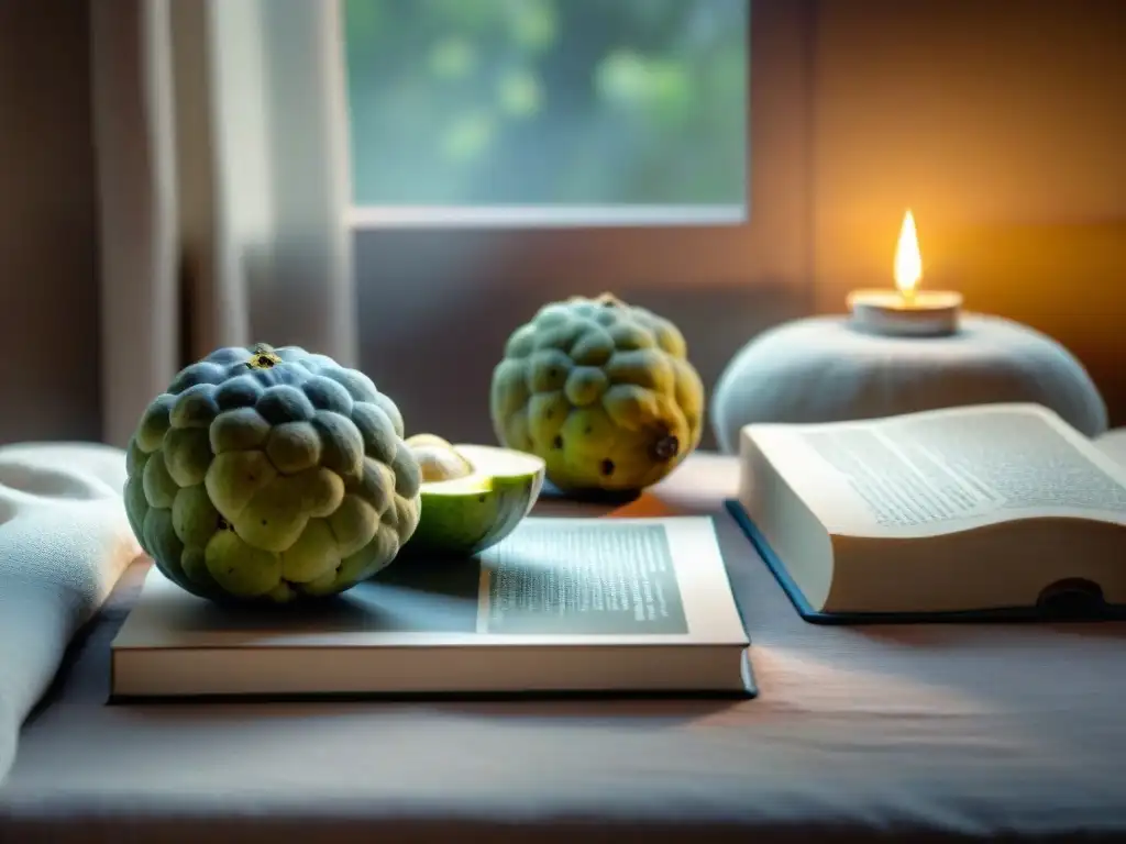 Una acogedora habitación con cherimoyas frescas en mesa junto a libro sobre alimentos para mejorar sueño en Uruguay