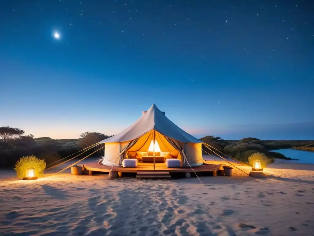 Acogedora tienda de glamping iluminada por luces cálidas bajo un cielo estrellado en José Ignacio, Uruguay