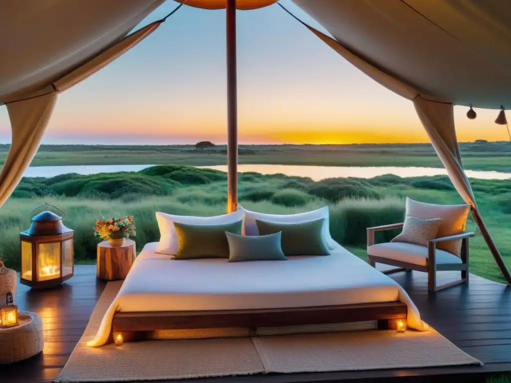 Acogedora tienda de glamping en José Ignacio, Uruguay, iluminada por una puesta de sol pintoresca