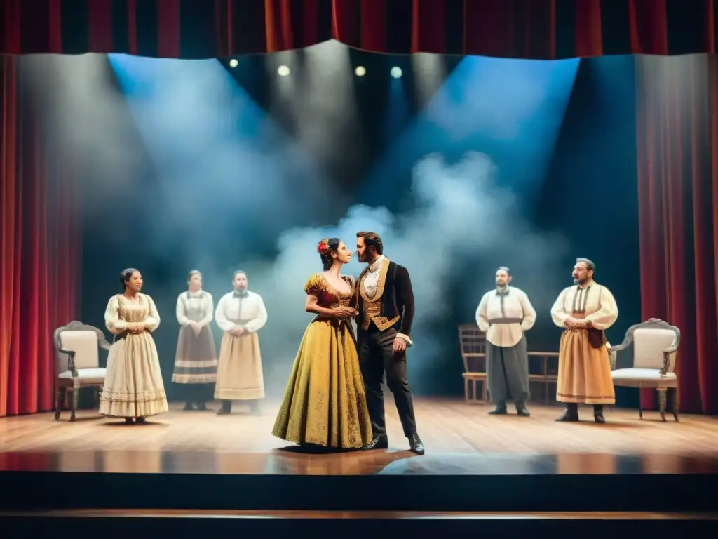 Actores uruguayos en escena, transmitiendo emociones intensas en una obra tradicional