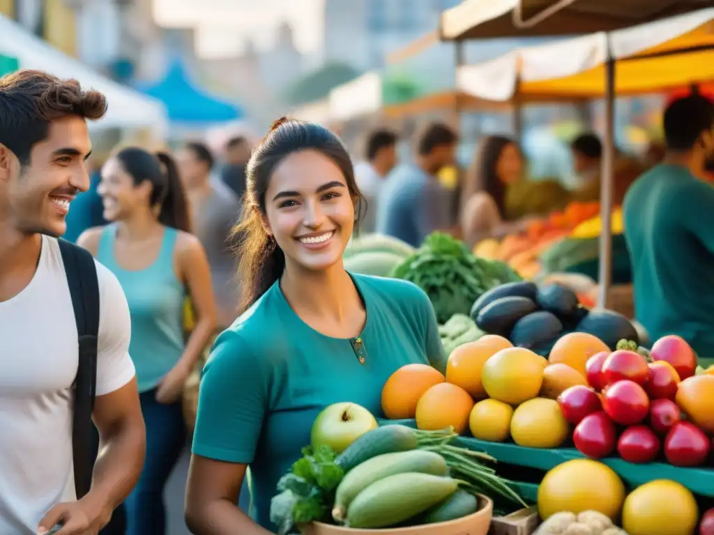 Adolescentes uruguayos disfrutando de frutas y verduras frescas en un mercado