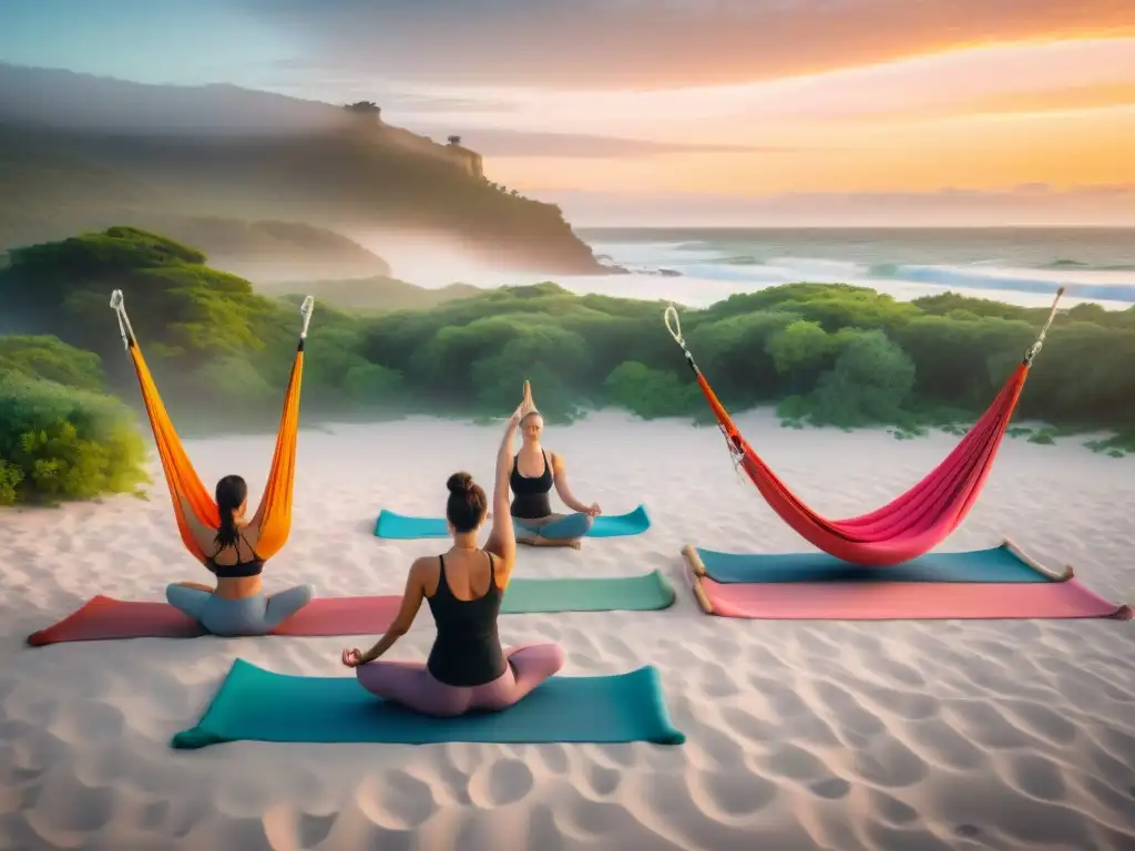 Sesión de yoga aéreo al amanecer en playa uruguaya