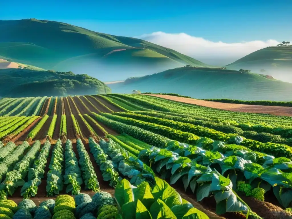 Un agricultor cosechando alimentos orgánicos en Uruguay, rodeado de una exuberante granja verde y frutas vibrantes bajo el cielo azul