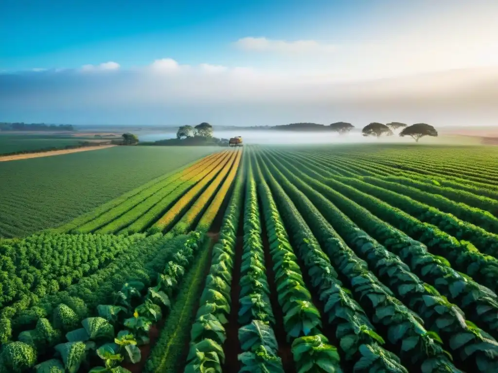 Un agricultor uruguayo inspecciona cultivos en verdes campos, destacando la seguridad alimentaria y el impacto del cambio climático en Uruguay