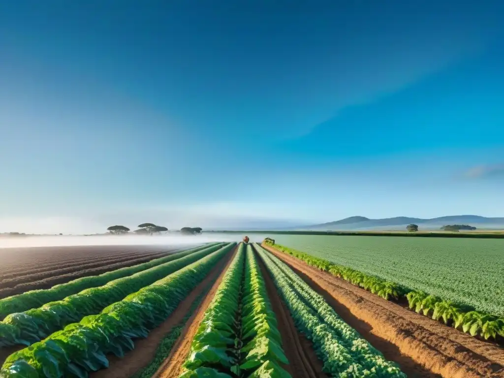 Un agricultor uruguayo cuida con esmero cultivos verdes, simbolizando la resiliencia ante el cambio climático y la seguridad alimentaria en Uruguay