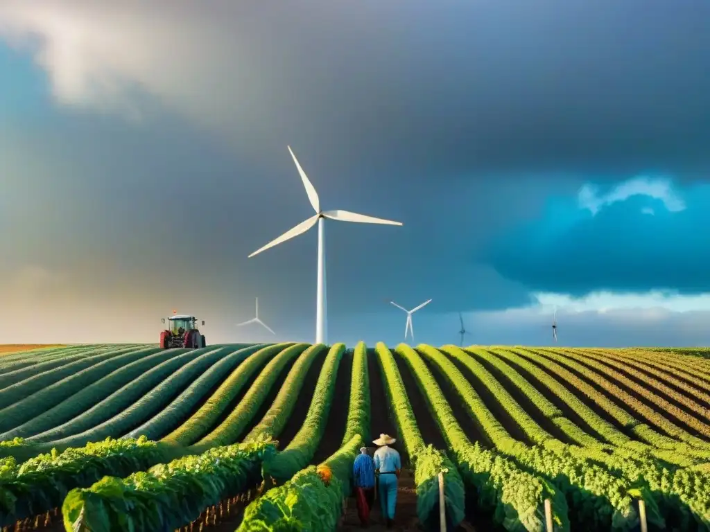 Diversos agricultores cosechan frutas y verduras en un campo verde de Uruguay, simbolizando la dieta sostenible en Uruguay