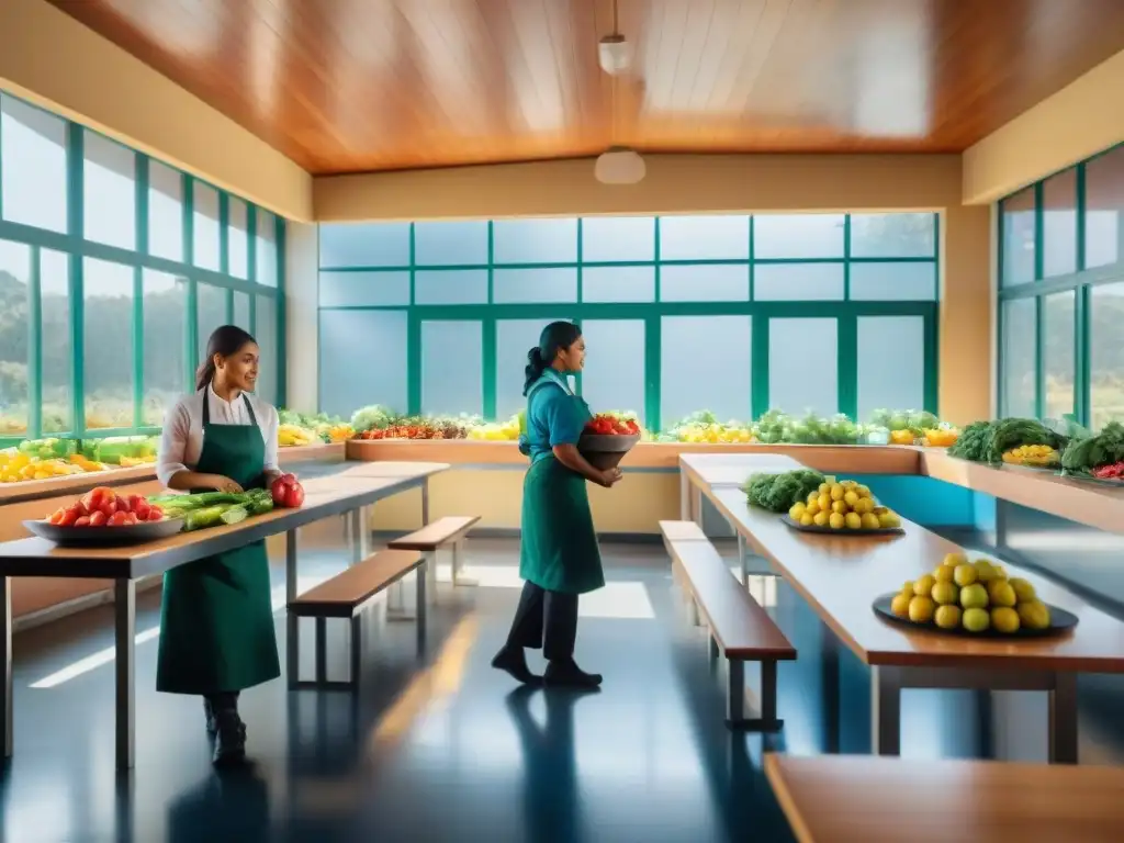 Un alegre aula de cocina en Uruguay, con frutas y verduras frescas en arreglos artísticos