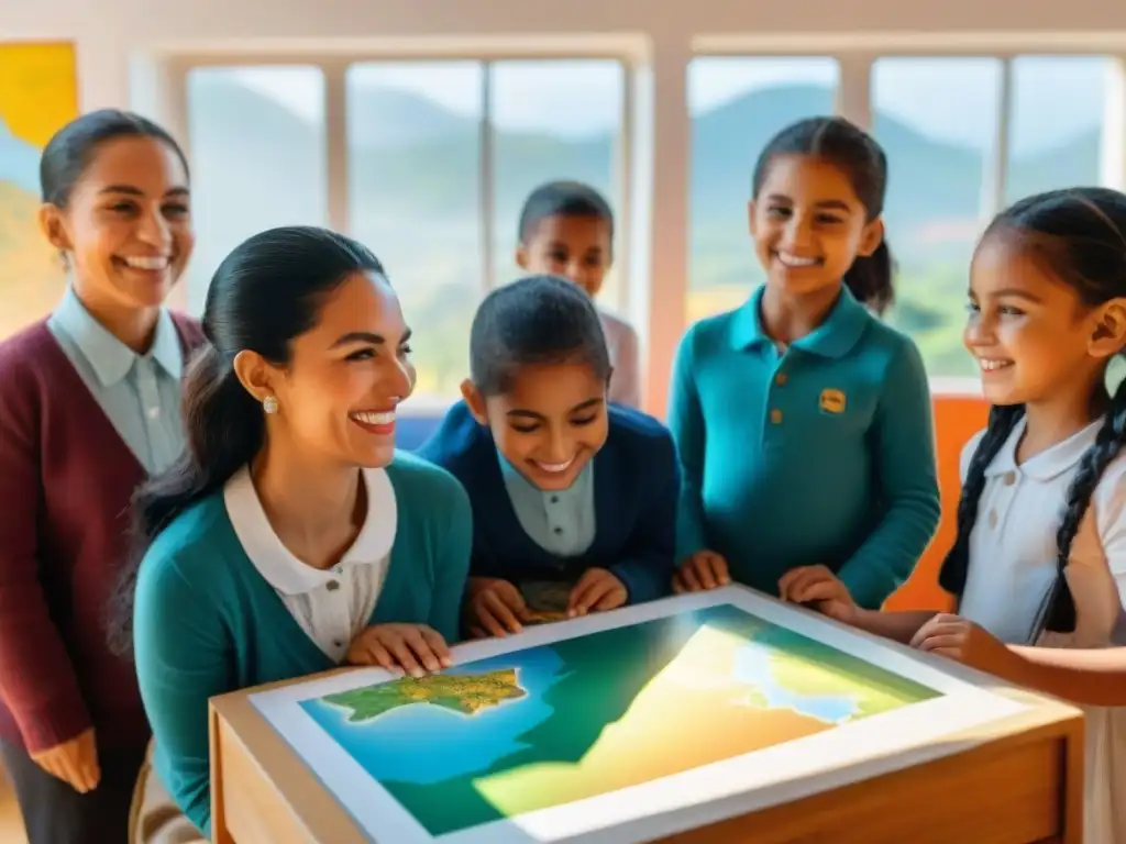 Un alegre aula en Uruguay con niños de distintas culturas aprendiendo juntos, rodeados de materiales educativos coloridos