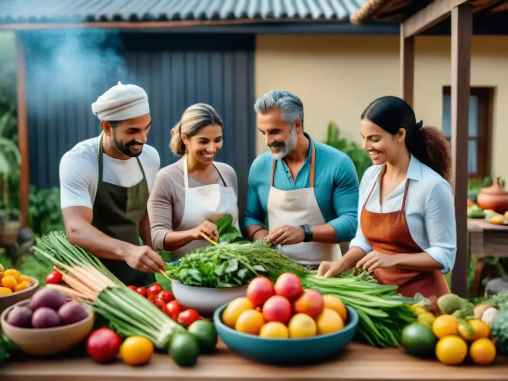 Alegre clase de cocina comunitaria al aire libre en Uruguay, rodeada de frutas y verduras frescas