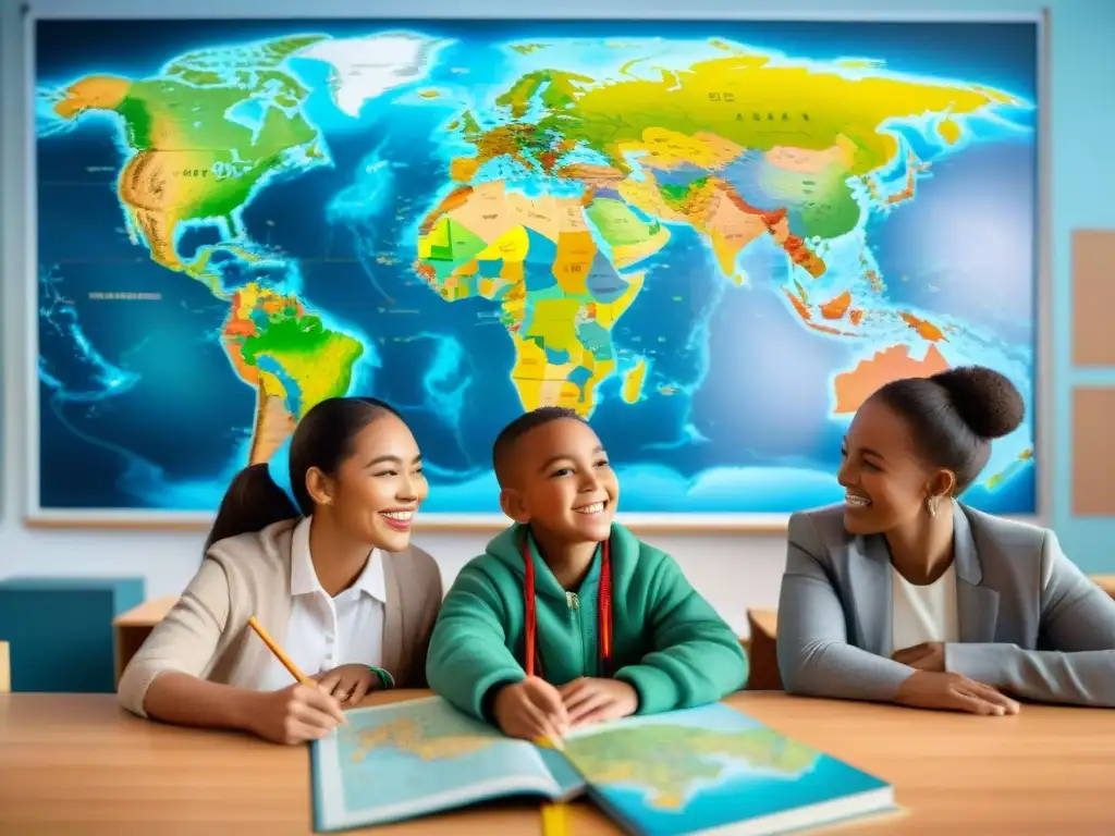 Un alegre grupo de niños de distintas culturas estudian juntos en un aula colorida, simbolizando la unidad y cooperación en la educación