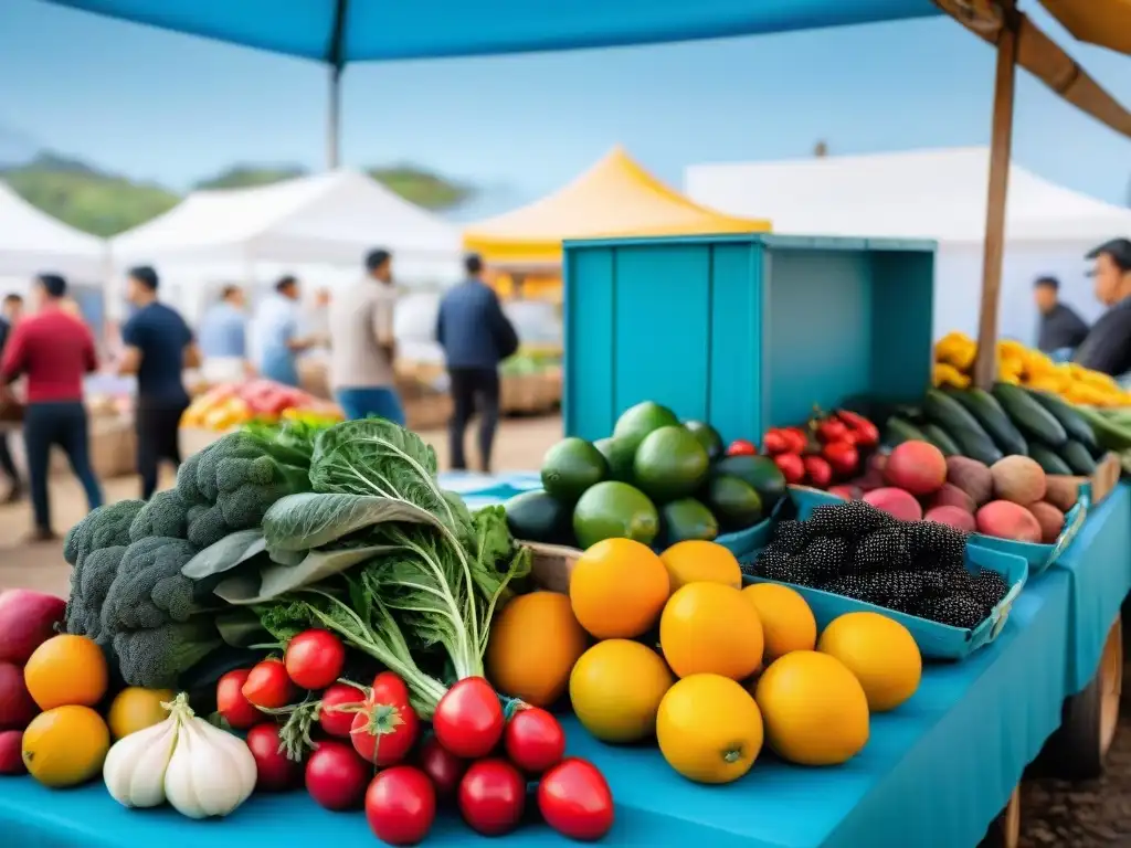 Alegre mercado de agricultores en Uruguay, con puestos coloridos rebosantes de frutas, verduras y flores frescas