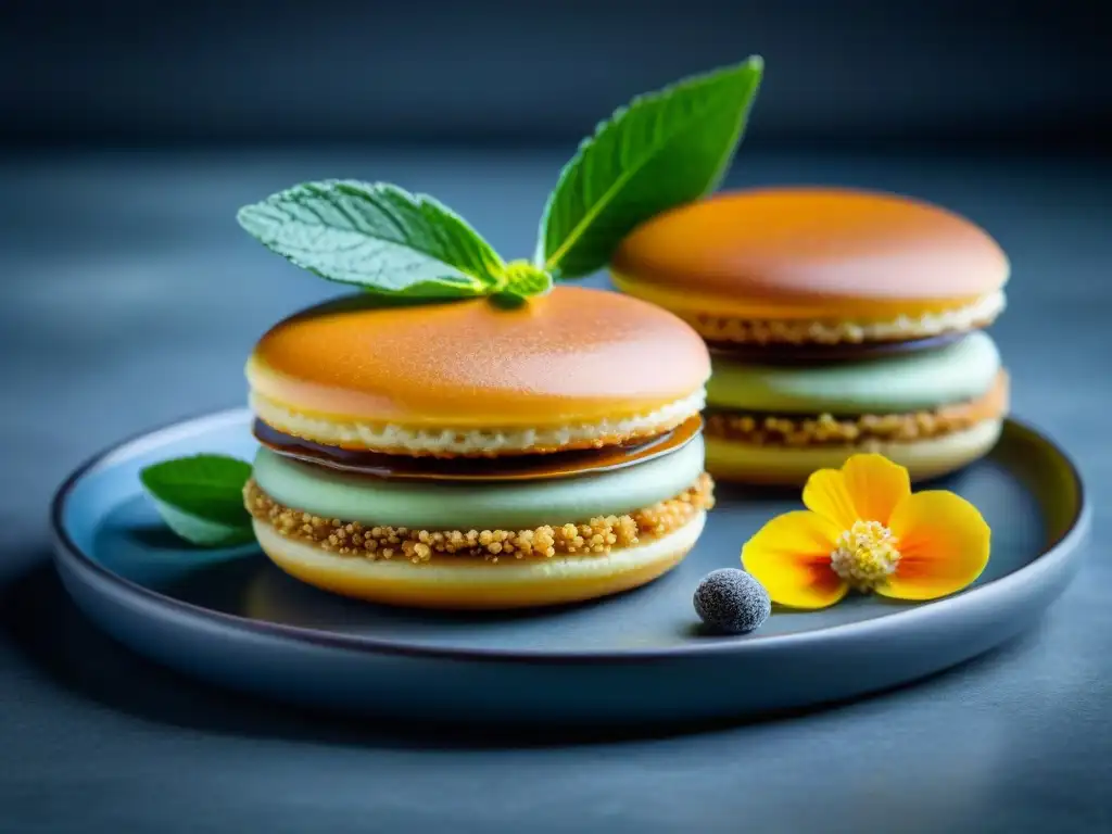 Un alfajor saludable y moderno con dulce de leche de leche de coco y quinoa tostada en un plato minimalista