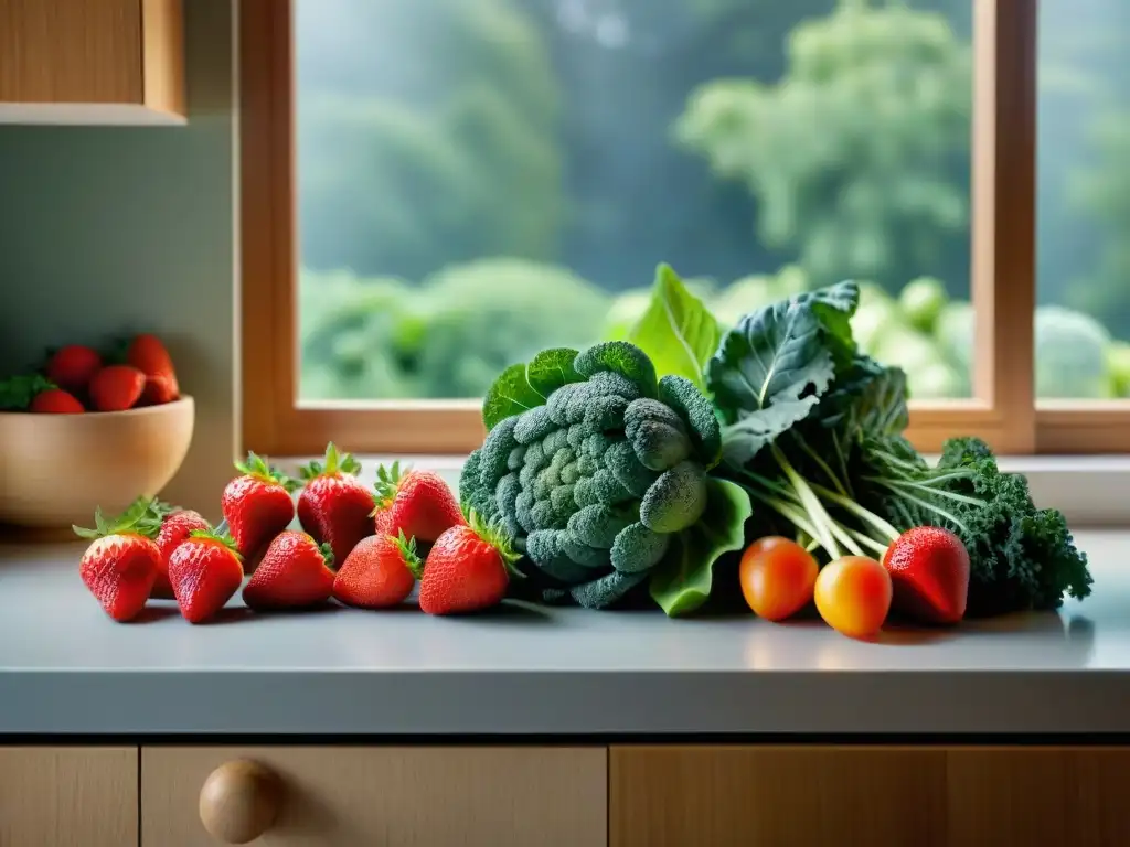 Alimentos para mejorar bienestar mental: una cocina moderna y serena con frutas y verduras coloridas y frescas