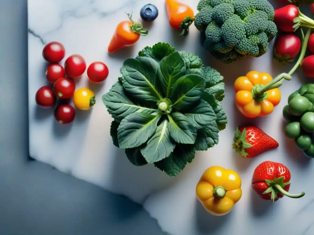 Alimentos para mejorar bienestar mental: vibrante flat lay de frutas y verduras frescas en encimera de mármol