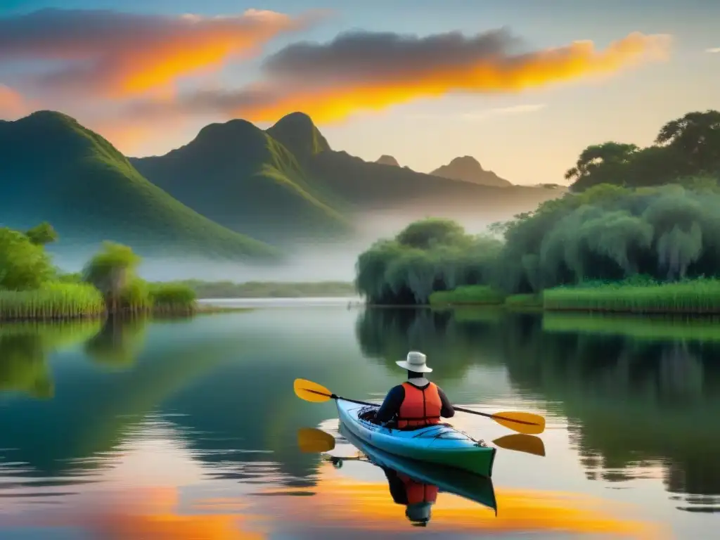 Un amanecer colorido sobre las aguas tranquilas de los Humedales de Santa Lucía, con un kayakista solitario deslizándose pacíficamente