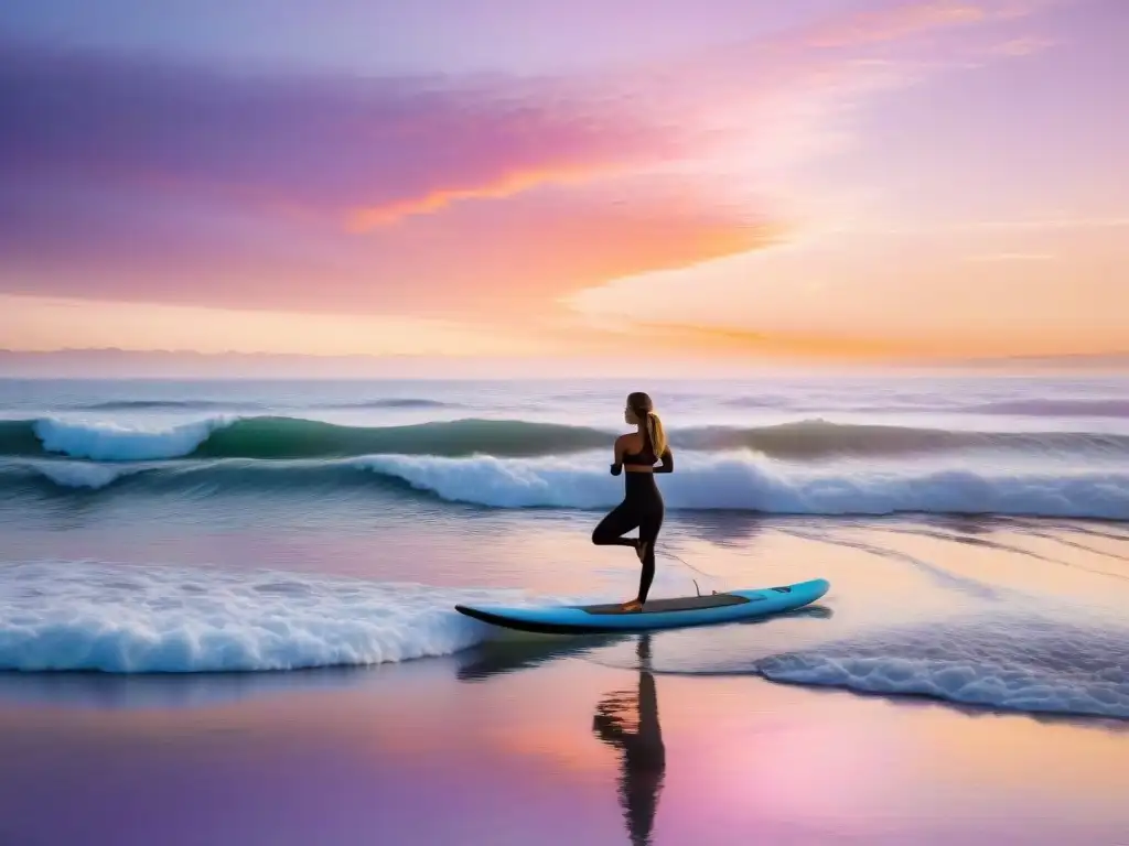 Un amanecer dorado sobre el mar tranquilo, yoga en paddleboard, surfistas y cielo pastel