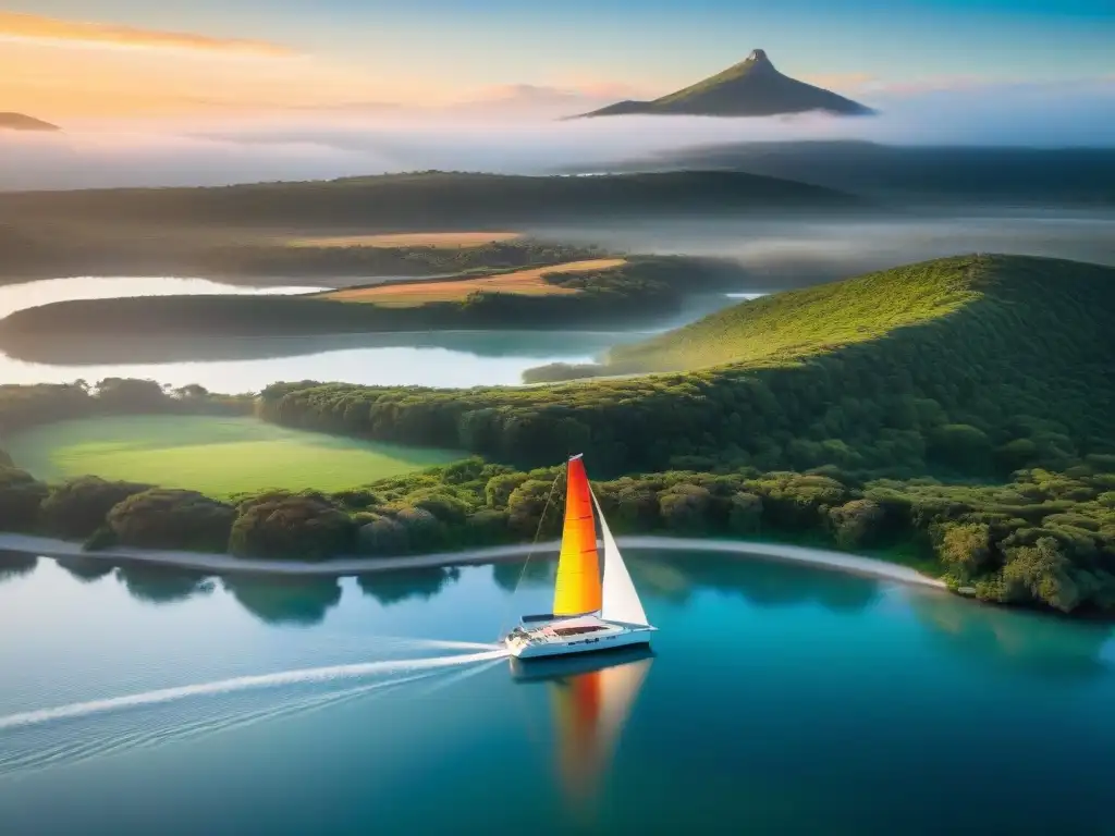 Un amanecer impresionante sobre Laguna Garzón en Uruguay, reflejando colores vibrantes y un velero solitario, rodeado de naturaleza