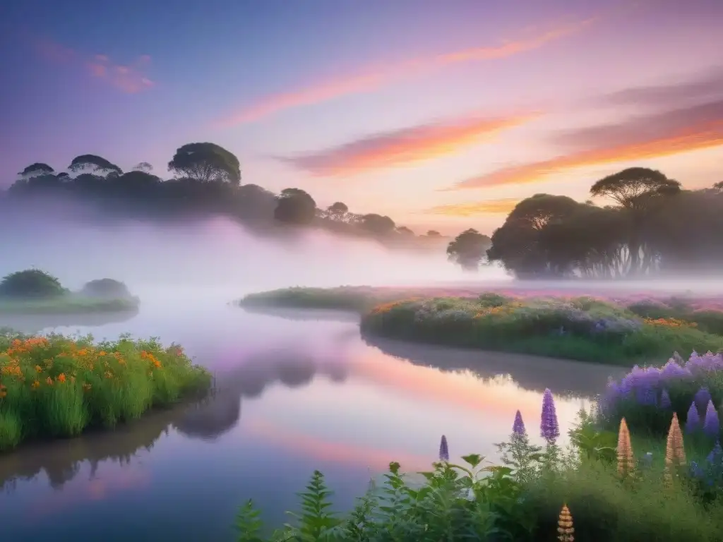 Un amanecer mágico en las reservas naturales de Rocha, Uruguay, donde la naturaleza exuberante se refleja en un lago sereno bajo un cielo pastel