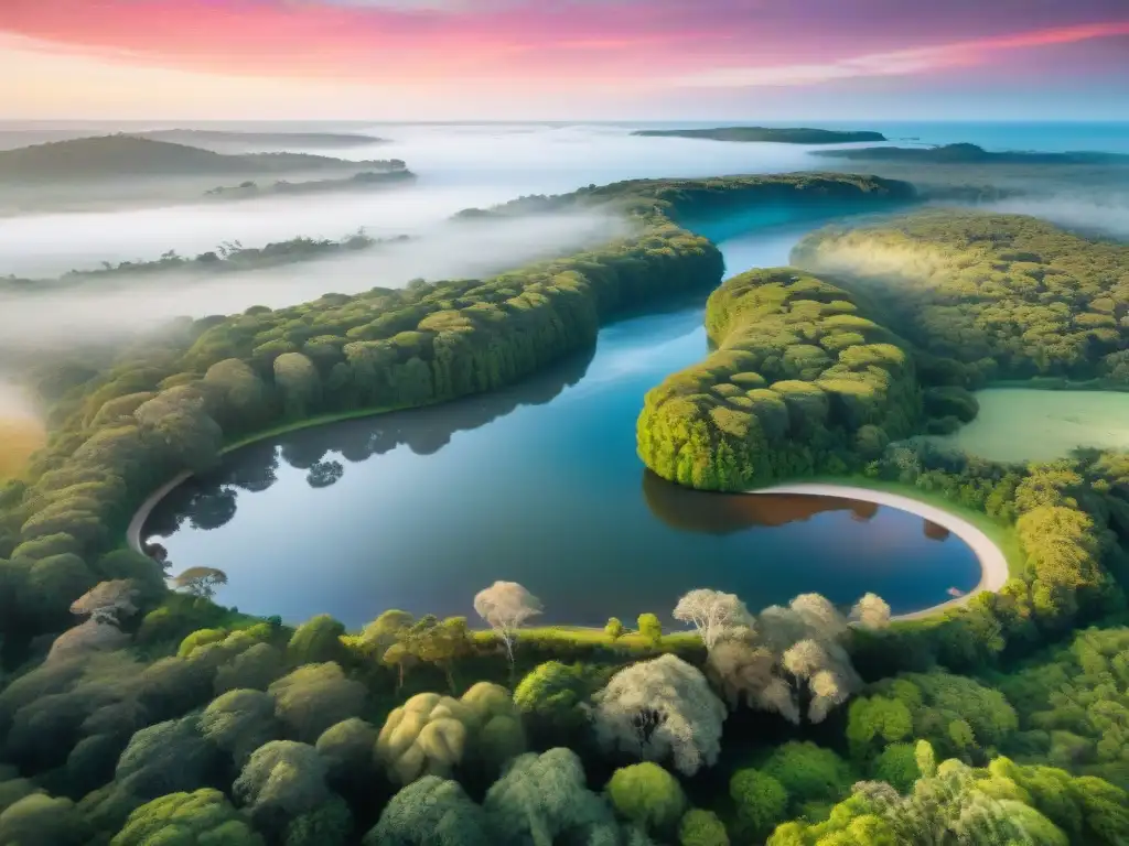 Un amanecer sereno sobre un bosque en Uruguay, con tonos naranjas y rosados iluminando el paisaje