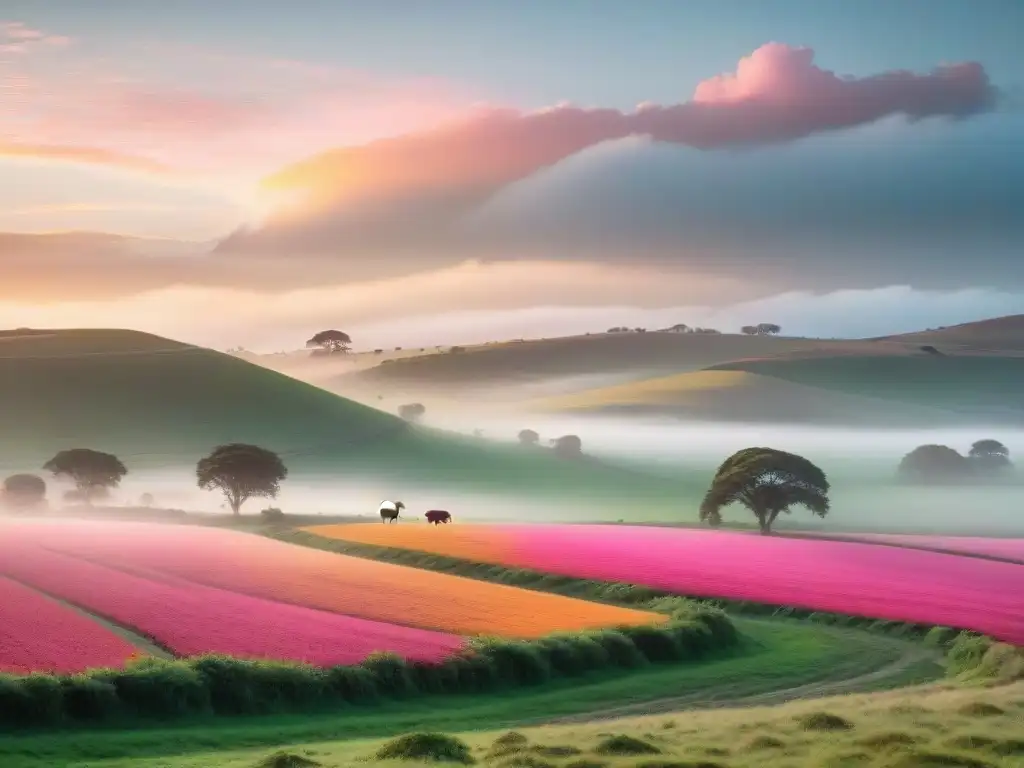 Un amanecer sereno en campos verdes de Uruguay con ejercicio matutino y ganado