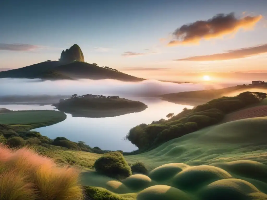 Un amanecer sereno sobre las colinas de Uruguay, con un lago en calma reflejando los tonos rosados y naranjas del cielo