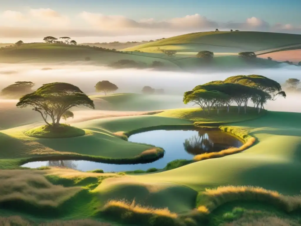 Un amanecer sereno en las colinas de Uruguay, con luz dorada iluminando el paisaje verde