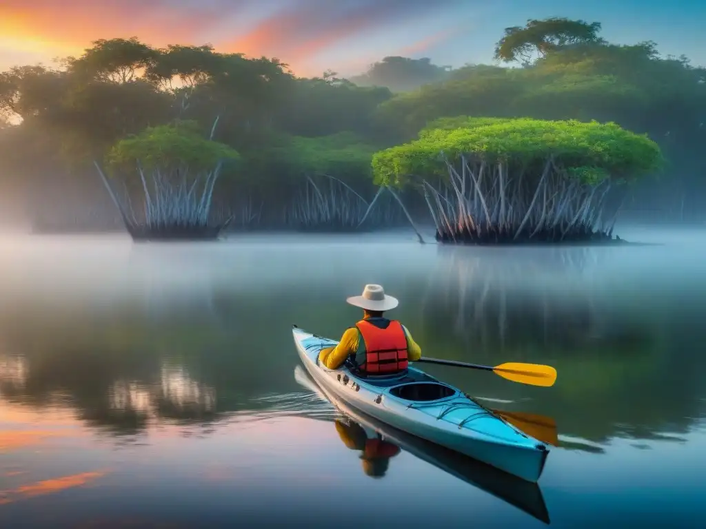 Un amanecer sereno en los humedales de Santa Lucía con un kayak en la neblina