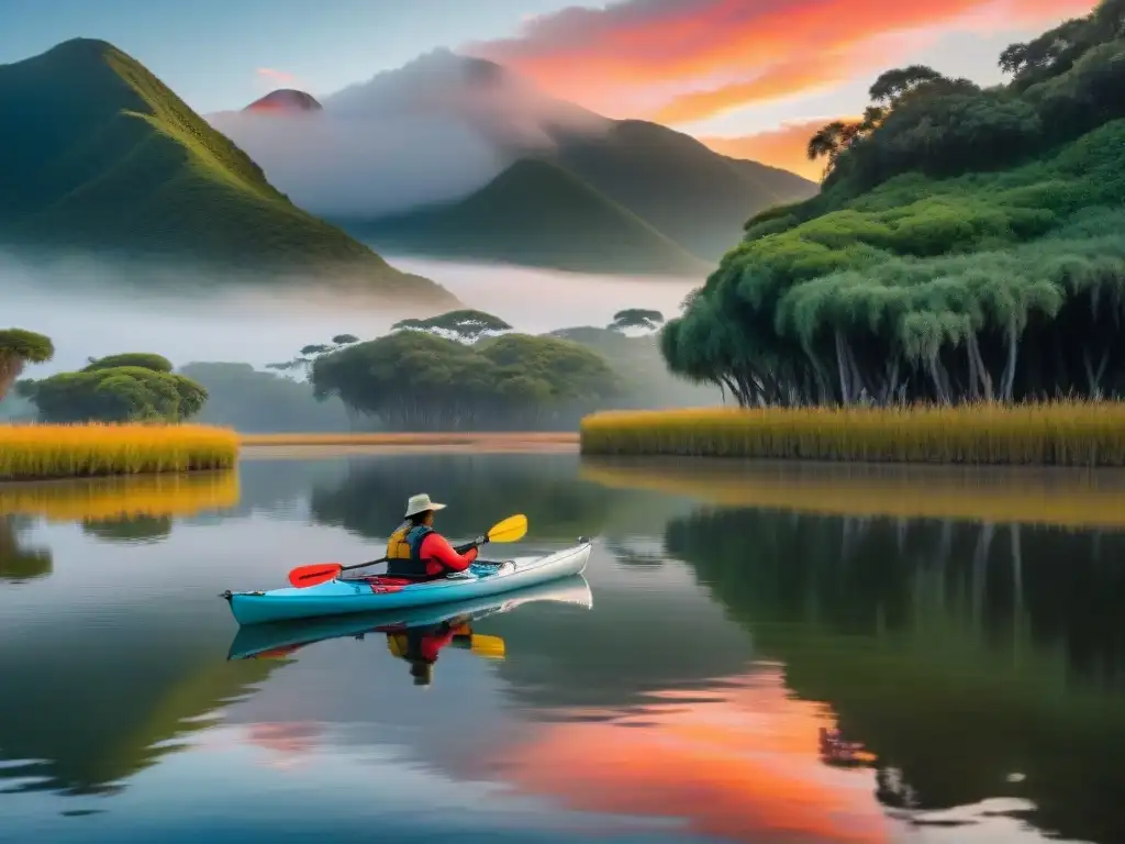 Un amanecer sereno en los humedales de Santa Lucía, kayaks modernos contrastan con la naturaleza