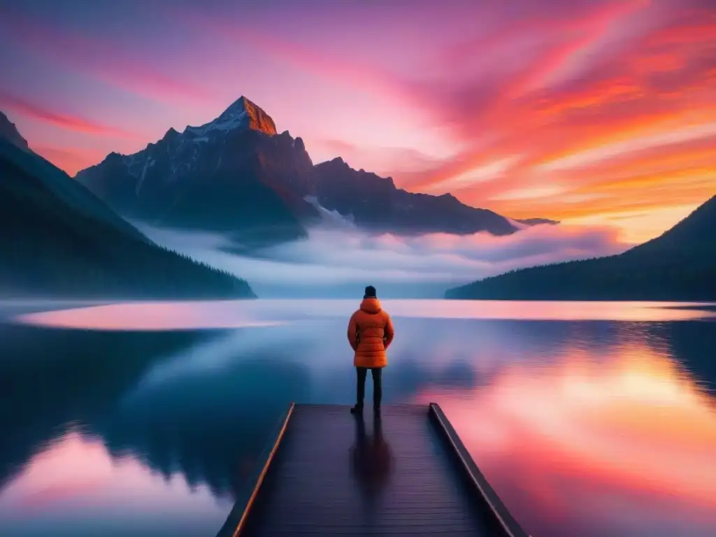 Un amanecer sereno sobre un lago tranquilo, reflejando tonos naranjas y rosados, con una figura solitaria en la orilla