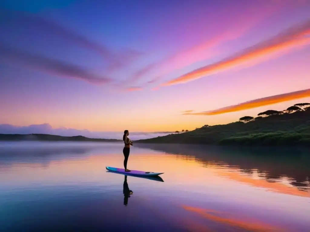 Un amanecer sereno sobre Laguna Garzón en Uruguay, reflejando colores vibrantes en el agua calmada, con una sesión de yoga en paddleboards