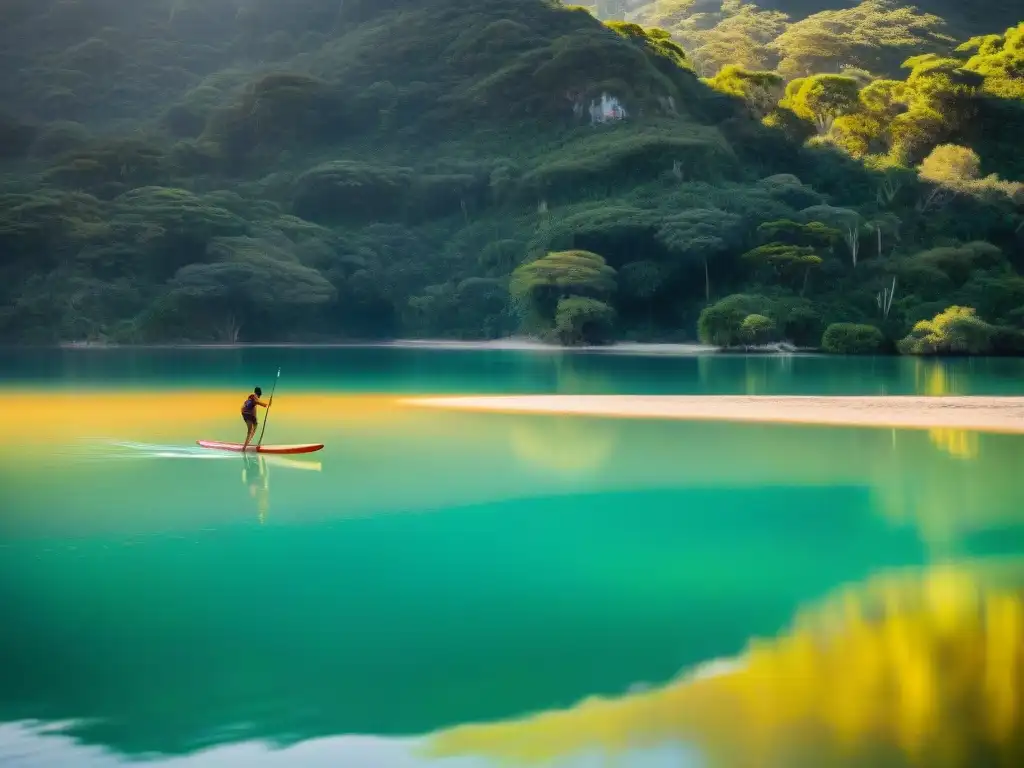 Un amanecer sereno en Laguna Garzón, con un paddle surfer deslizándose grácilmente por las aguas