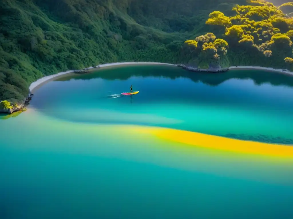 Un amanecer sereno en Laguna Garzón con un paddle surfero, reflejando los colores del cielo