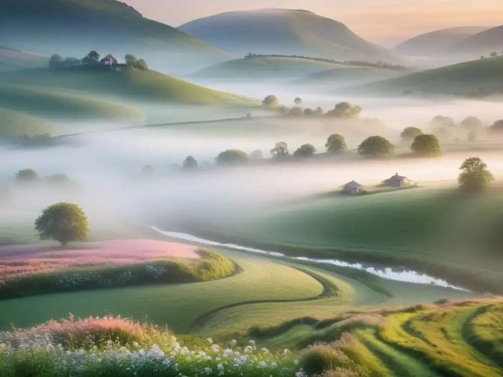 Un amanecer sereno en un paisaje rural, con campo verde, río y granja en la niebla matutina