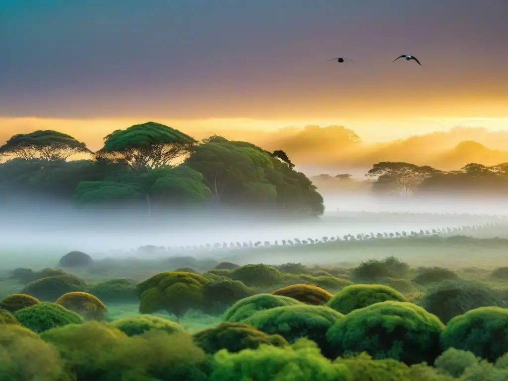 Un amanecer sereno en el Parque Nacional de Santa Teresa, Uruguay, con variedad de aves coloridas en árboles verdes