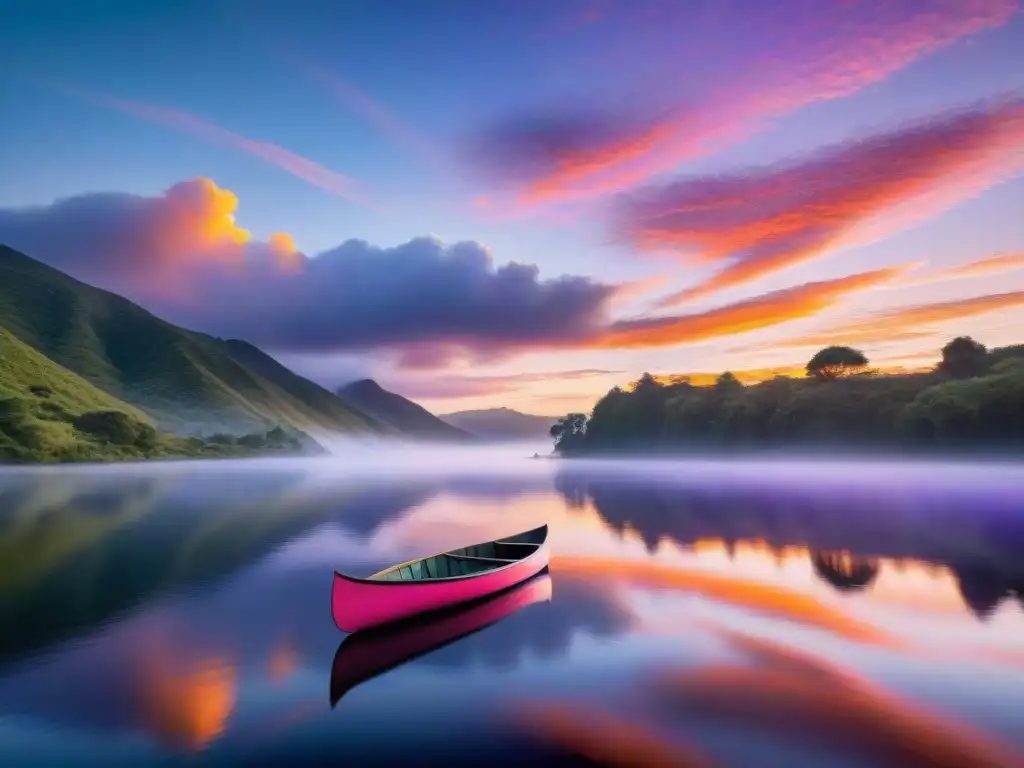 Un amanecer sereno y pintoresco en un lago tranquilo, con tonos vibrantes de rosa, morado y naranja reflejándose en las aguas