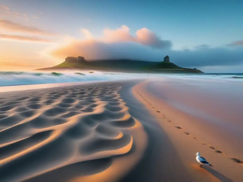 Un amanecer sereno en una playa de Uruguay, con colores pastel, olas suaves, meditación y seagulls