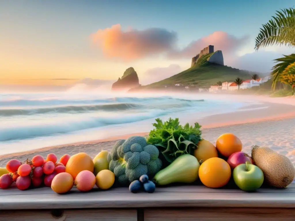 Un amanecer sereno en una playa de Uruguay con frutas frescas y verduras, palmeras y olas suaves