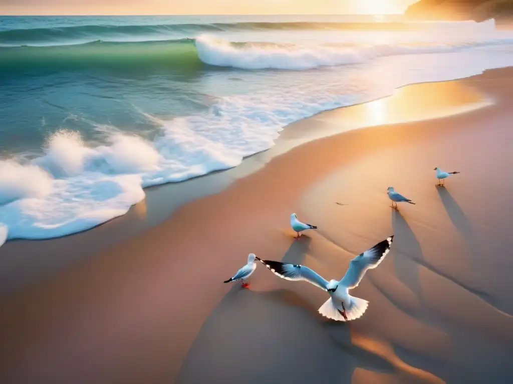 Un amanecer sereno en la playa: olas suaves, luz dorada, gaviotas en el cielo