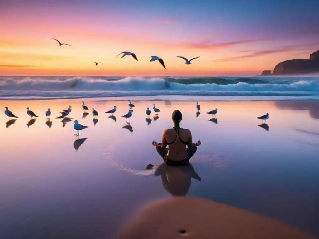 Un amanecer sereno en la playa, con olas suaves, una persona meditando en la arena y gaviotas en el cielo pastel