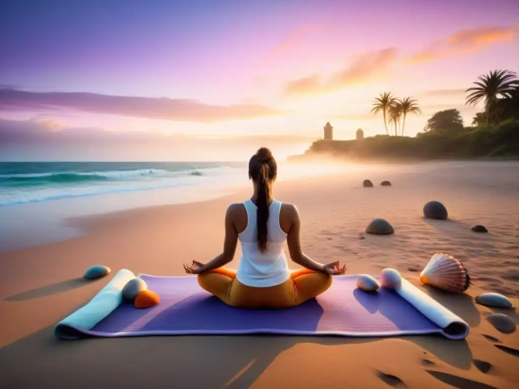 Un amanecer sereno en una playa de Uruguay, con olas suaves, palmeras, cielo colorido y una persona practicando yoga