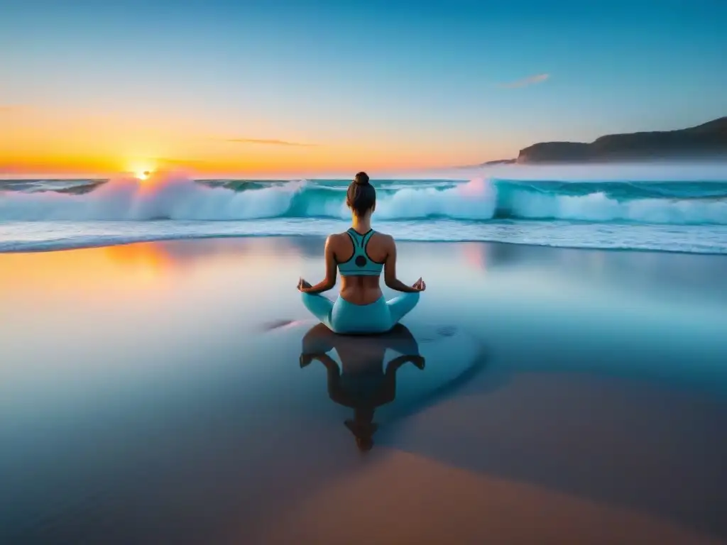 Un amanecer sereno en una playa de Uruguay, con olas suaves, cielo colorido y una persona practicando yoga en la arena, rodeada de belleza natural