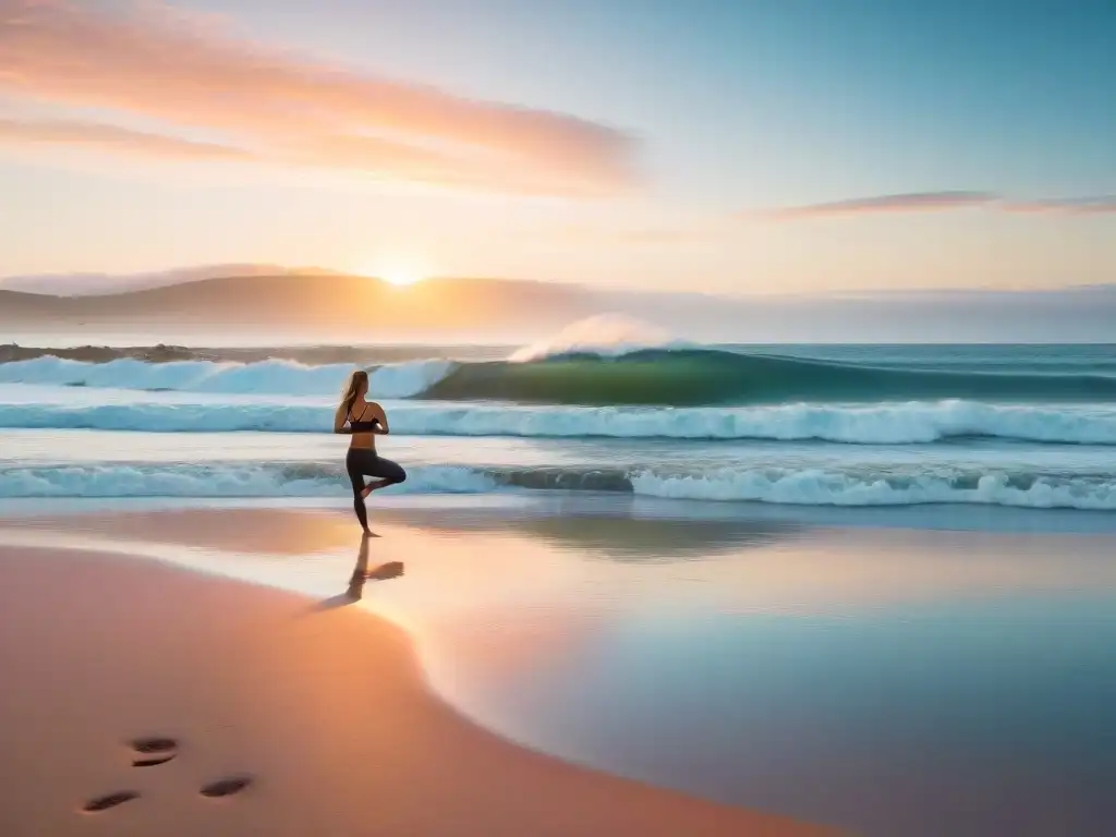 Un amanecer sereno en una playa de Uruguay con yoga y surf, ideal para retiros bienestar surf yoga Uruguay