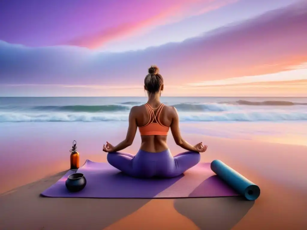 Un amanecer sereno en la playa de Uruguay con yoga, mate y tradición, simbolizando fitness con mate en Uruguay