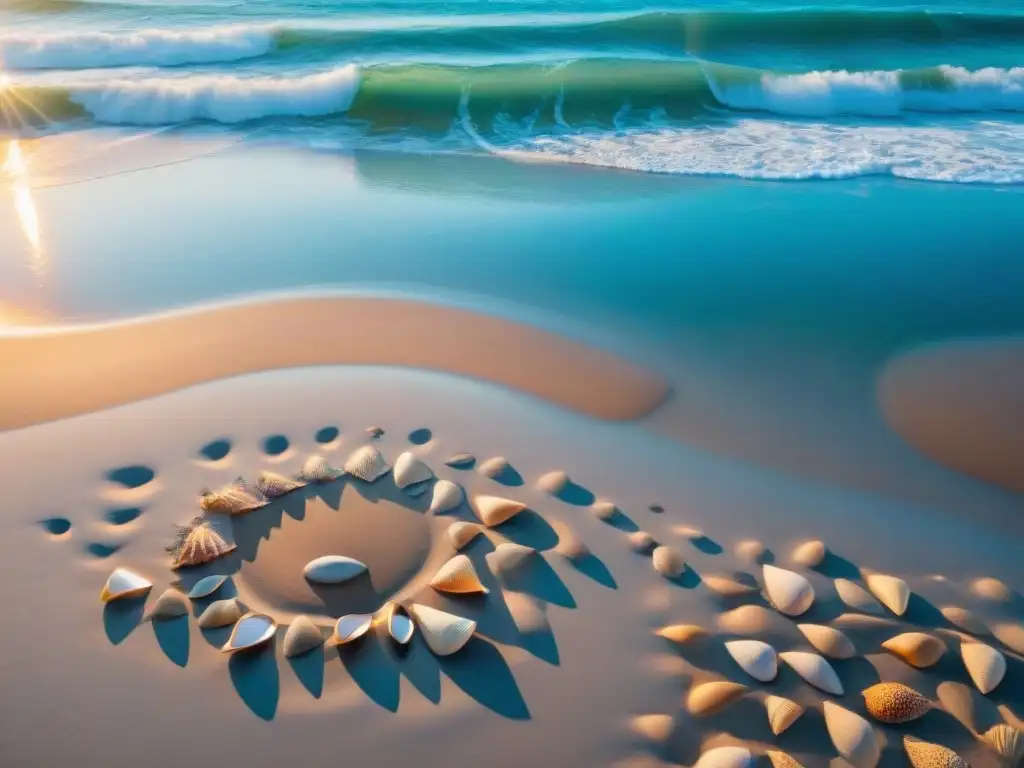 Un amanecer sereno en una playa tranquila de Uruguay, con olas suaves, meditación y conchas, transmite paz y reflexión